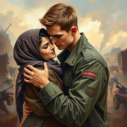 An oil painting depicting an American man and a Muslim woman, passionately embracing amidst a backdrop of conflict
