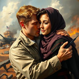 An oil painting depicting an American man and a Muslim woman, passionately embracing amidst a backdrop of conflict