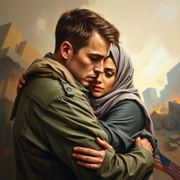 An oil painting depicting an American man and a Muslim woman, passionately embracing amidst a backdrop of conflict