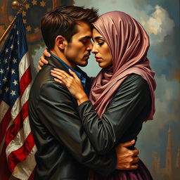 An oil painting depicting a touching and dramatic scene of an American man and a Muslim woman, symbolizing a war for love