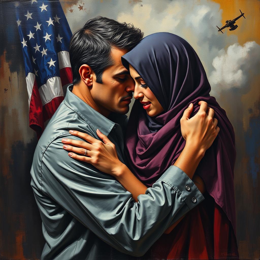 An oil painting depicting a touching and dramatic scene of an American man and a Muslim woman, symbolizing a war for love