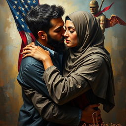 An oil painting depicting a touching and dramatic scene of an American man and a Muslim woman, symbolizing a war for love