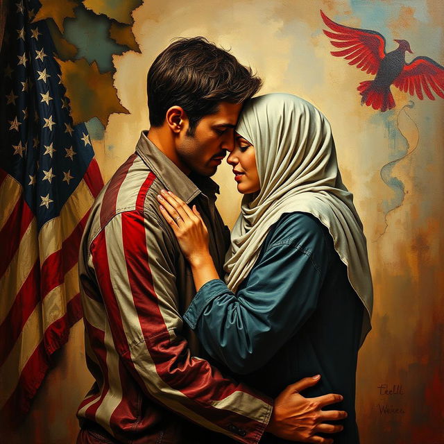 An oil painting depicting a touching and dramatic scene of an American man and a Muslim woman, symbolizing a war for love