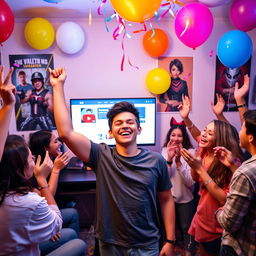 A vibrant celebration scene showcasing a confident young person with a beaming smile, standing triumphantly in front of a computer screen showing a popular YouTuber's channel with 4k subscribers