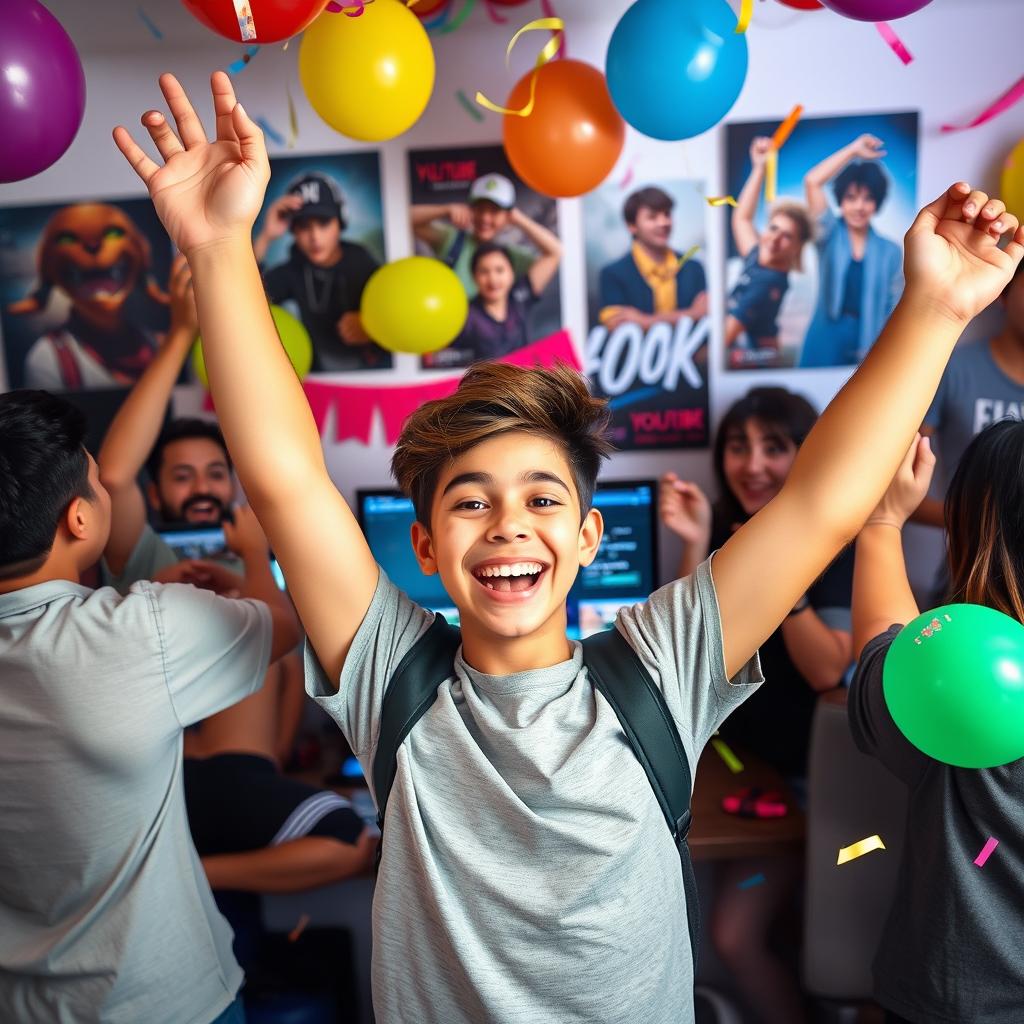 A vibrant celebration scene showcasing a confident young person with a beaming smile, standing triumphantly in front of a computer screen showing a popular YouTuber's channel with 4k subscribers