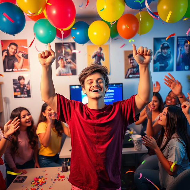 A vibrant celebration scene showcasing a confident young person with a beaming smile, standing triumphantly in front of a computer screen showing a popular YouTuber's channel with 4k subscribers