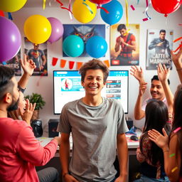 A vibrant celebration scene showcasing a confident young person with a beaming smile, standing triumphantly in front of a computer screen showing a popular YouTuber's channel with 4k subscribers