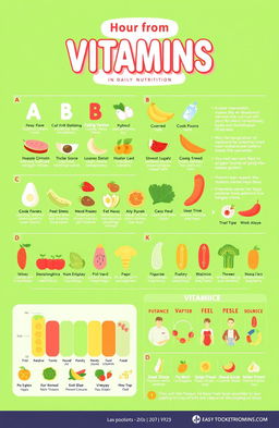 An informative and visually engaging infographic about vitamins, featuring colorful illustrations of various types of vitamins (A, B, C, D, E, K), their food sources, and health benefits
