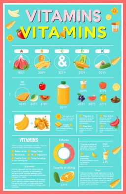 An informative and visually engaging infographic about vitamins, featuring colorful illustrations of various types of vitamins (A, B, C, D, E, K), their food sources, and health benefits