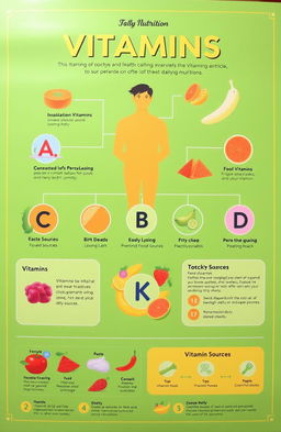 An informative and visually engaging infographic about vitamins, featuring colorful illustrations of various types of vitamins (A, B, C, D, E, K), their food sources, and health benefits