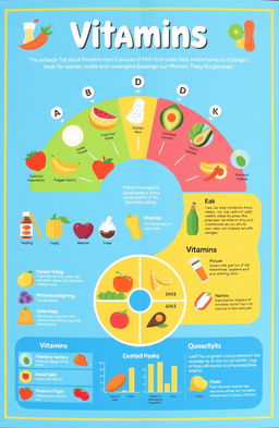 An informative and visually engaging infographic about vitamins, featuring colorful illustrations of various types of vitamins (A, B, C, D, E, K), their food sources, and health benefits