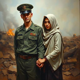A poignant oil painting depicting an American man in a military uniform and a Muslim woman in traditional attire, standing together amidst a war-torn landscape