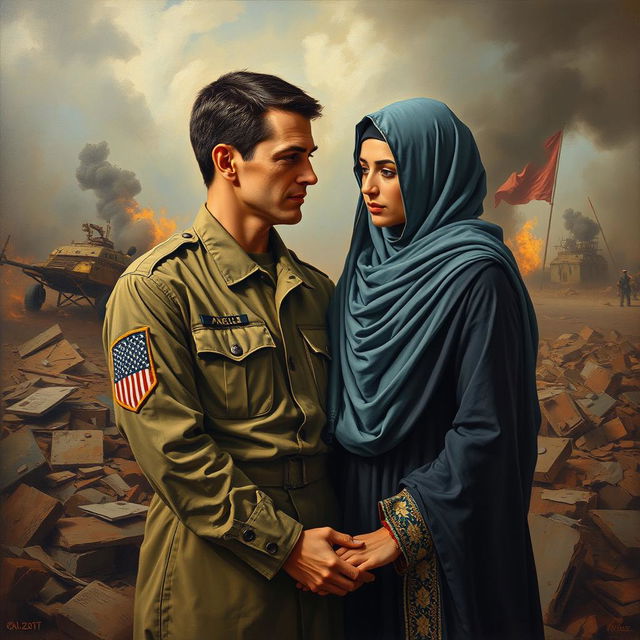 A poignant oil painting depicting an American man in a military uniform and a Muslim woman in traditional attire, standing together amidst a war-torn landscape