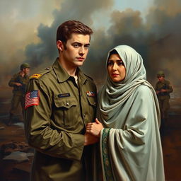 A poignant oil painting depicting an American man in a military uniform and a Muslim woman in traditional attire, standing together amidst a war-torn landscape