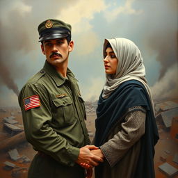 A poignant oil painting depicting an American man in a military uniform and a Muslim woman in traditional attire, standing together amidst a war-torn landscape