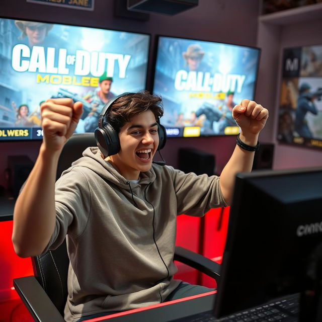 A victorious gamer celebrating a hard-fought win against a well-known YouTuber with over 4k subscribers in a competitive match in Call of Duty Mobile