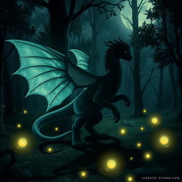 A mystical creature with shimmering scales and ethereal wings, its shadow gracefully dancing across a moonlit forest floor, surrounded by soft glowing orbs of light