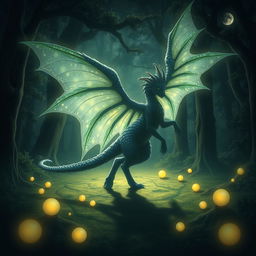 A mystical creature with shimmering scales and ethereal wings, its shadow gracefully dancing across a moonlit forest floor, surrounded by soft glowing orbs of light