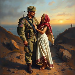 An oil painting depicting a powerful scene of love amidst a war-torn landscape, featuring an American soldier and an Arab woman