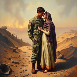 An oil painting depicting a powerful scene of love amidst a war-torn landscape, featuring an American soldier and an Arab woman