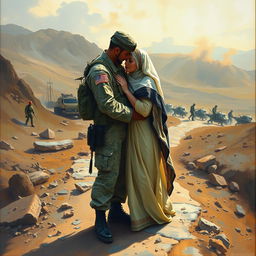 An oil painting depicting a powerful scene of love amidst a war-torn landscape, featuring an American soldier and an Arab woman