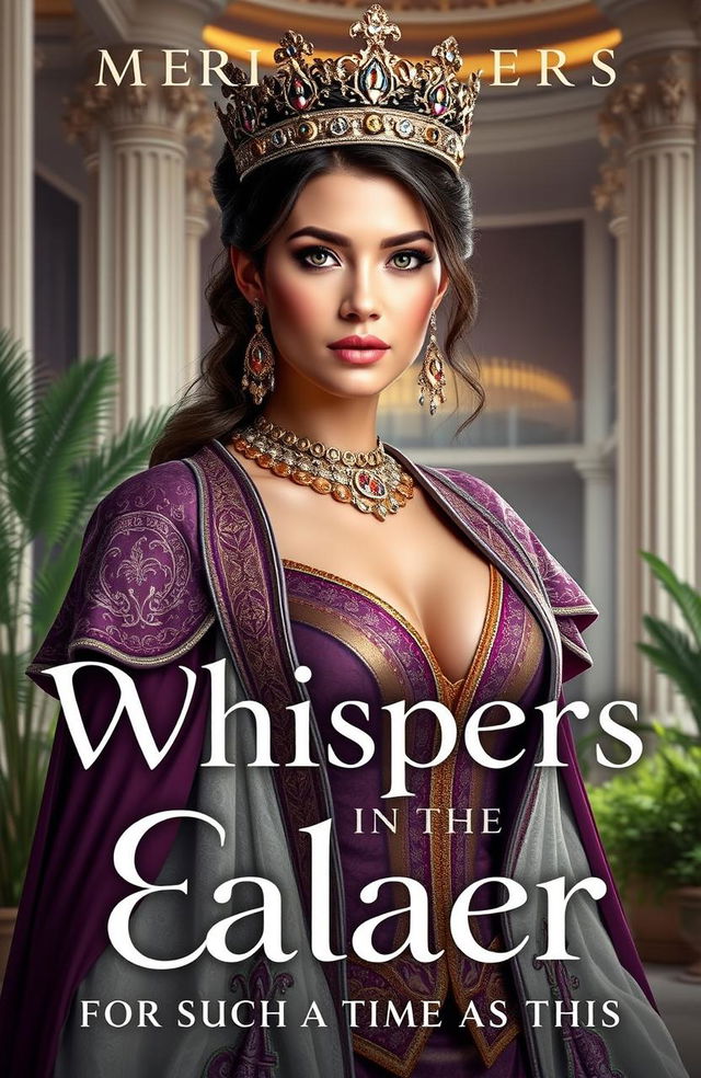 A captivating book cover for a modern retelling of the biblical story of Esther, titled 'Whispers in the Palace: For Such a Time as This'