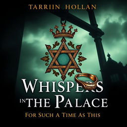 An evocative book cover for 'Whispers in the Palace: For Such a Time as This', infused with a dark academia aesthetic
