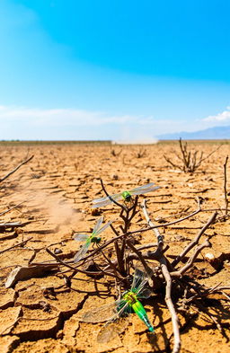A serene depiction of a dry landscape during the dry season, with lush green dragonflies resting on sparse vegetation and twigs, their iridescent wings glistening in the harsh sunlight