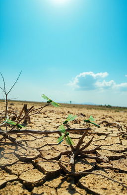 A serene depiction of a dry landscape during the dry season, with lush green dragonflies resting on sparse vegetation and twigs, their iridescent wings glistening in the harsh sunlight