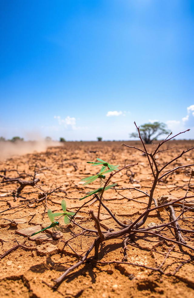 A serene depiction of a dry landscape during the dry season, with lush green dragonflies resting on sparse vegetation and twigs, their iridescent wings glistening in the harsh sunlight