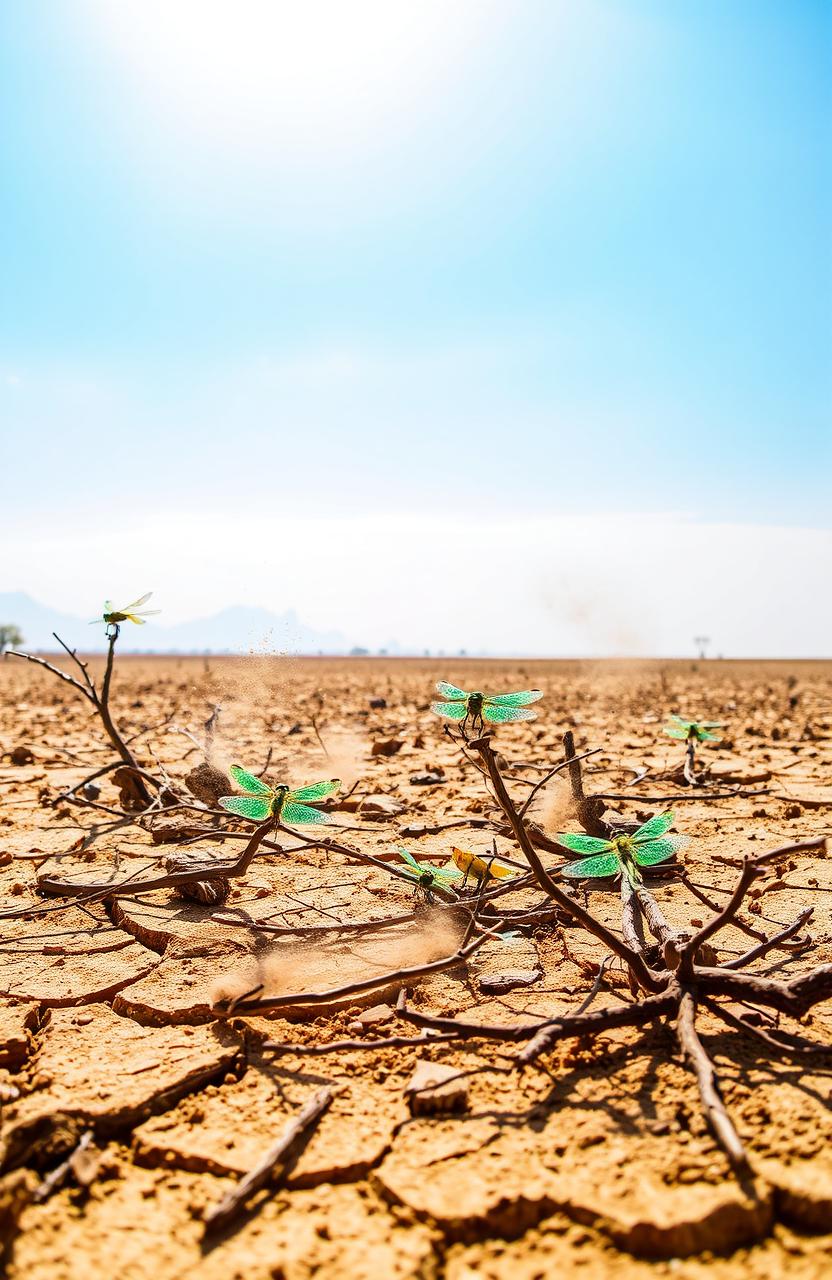 A serene depiction of a dry landscape during the dry season, with lush green dragonflies resting on sparse vegetation and twigs, their iridescent wings glistening in the harsh sunlight