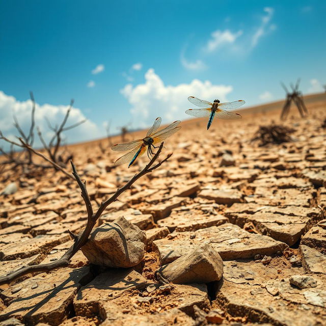 An enchanting scene featuring dragonflies poised delicately on barren branches and sun-baked stones during the dry season, waiting expectantly for rain to arrive