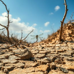 An enchanting scene featuring dragonflies poised delicately on barren branches and sun-baked stones during the dry season, waiting expectantly for rain to arrive