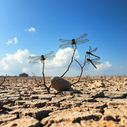 An enchanting scene featuring dragonflies poised delicately on barren branches and sun-baked stones during the dry season, waiting expectantly for rain to arrive