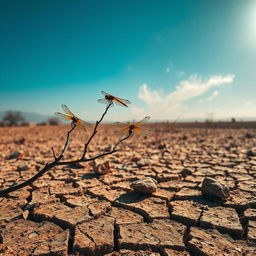 An enchanting scene featuring dragonflies poised delicately on barren branches and sun-baked stones during the dry season, waiting expectantly for rain to arrive