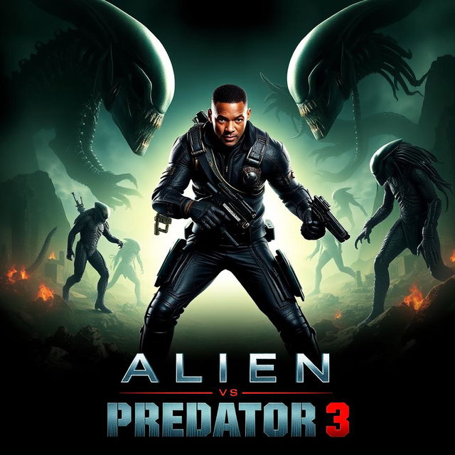 An adrenaline-pumping teaser poster for Alien vs Predator 3, featuring Will Smith as a heroic character ready to battle the extraterrestrial threat