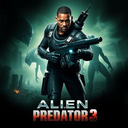 An adrenaline-pumping teaser poster for Alien vs Predator 3, featuring Will Smith as a heroic character ready to battle the extraterrestrial threat