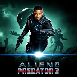 An adrenaline-pumping teaser poster for Alien vs Predator 3, featuring Will Smith as a heroic character ready to battle the extraterrestrial threat
