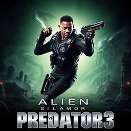 An adrenaline-pumping teaser poster for Alien vs Predator 3, featuring Will Smith as a heroic character ready to battle the extraterrestrial threat