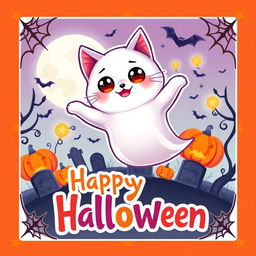A Halloween trading card featuring an adorable ghost cat