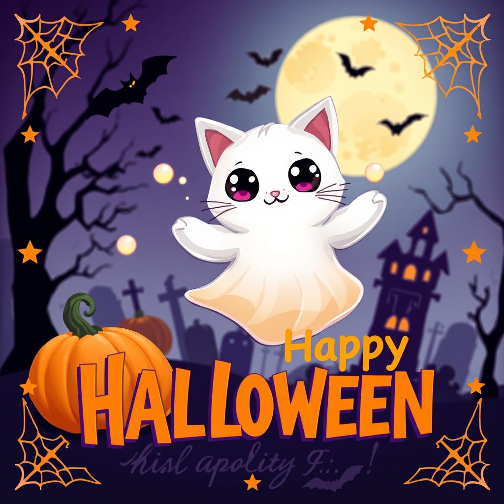 A Halloween trading card featuring an adorable ghost cat