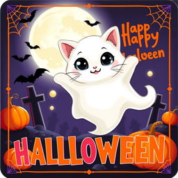 A Halloween trading card featuring an adorable ghost cat
