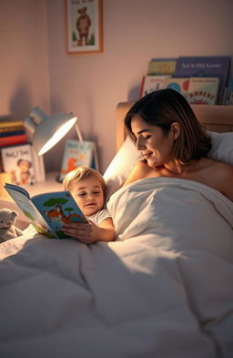 A cozy bedroom scene at bedtime with a parent reading a storybook to their child in bed