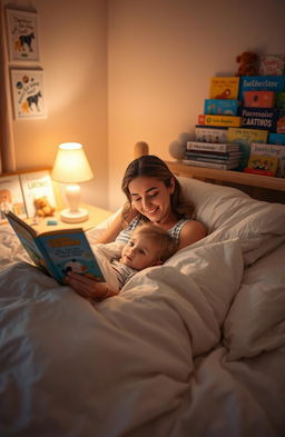 A cozy bedroom scene at bedtime with a parent reading a storybook to their child in bed