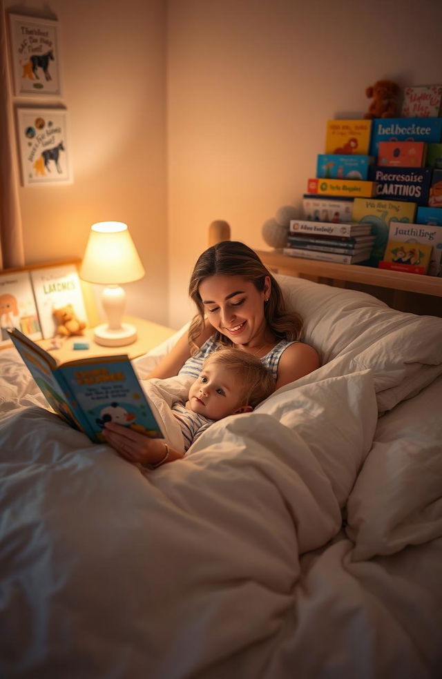 A cozy bedroom scene at bedtime with a parent reading a storybook to their child in bed