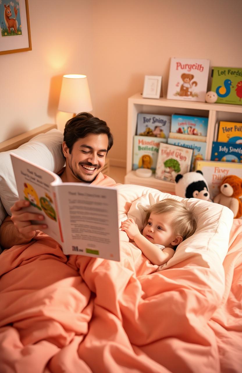 A cozy bedroom scene at bedtime with a parent reading a storybook to their child in bed