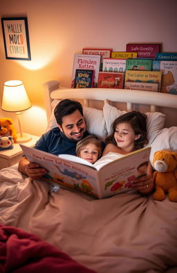 A cozy bedroom scene at bedtime with a parent reading a storybook to their child in bed