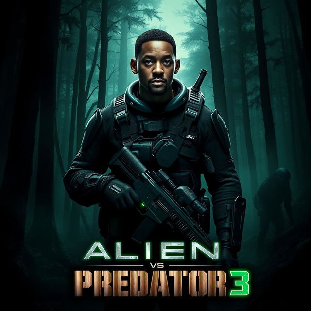 An electrifying teaser poster for Alien vs Predator 3, featuring Will Smith as the central hero