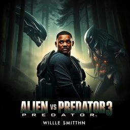 An intense teaser poster for Alien vs Predator 3, featuring Will Smith in the foreground, immersed in a dark and dense forest environment
