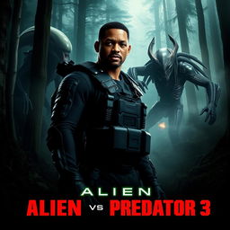 An intense teaser poster for Alien vs Predator 3, featuring Will Smith in the foreground, immersed in a dark and dense forest environment